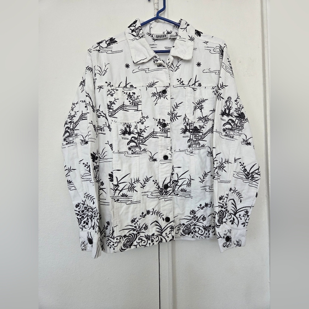 Chico's White Jean Jacket with Black Scenic Print